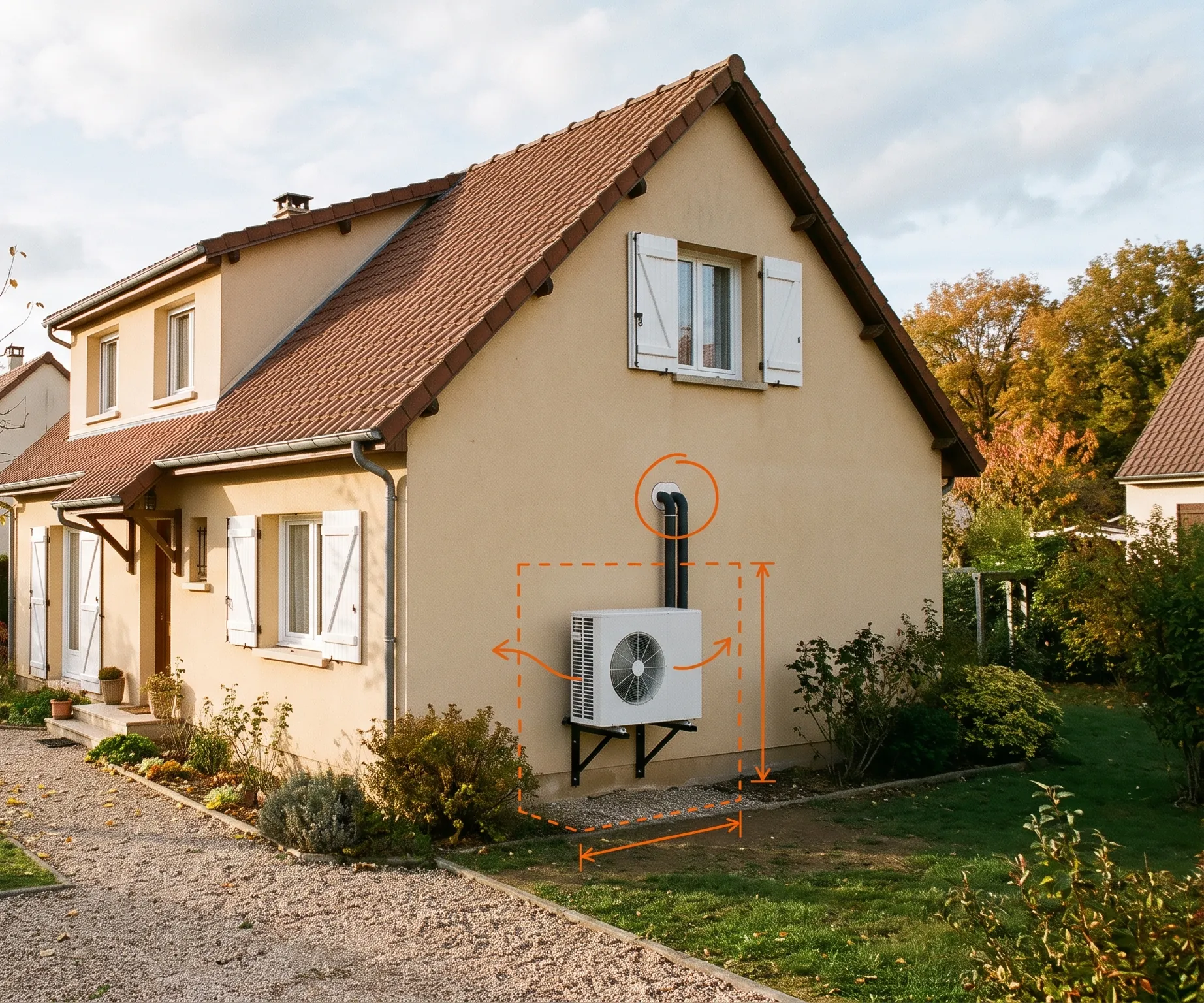 Pompe à chaleur air/eau fixée sur le pignon d'un pavillon, annotée à l'encre orange comme sur un plan d'architecte