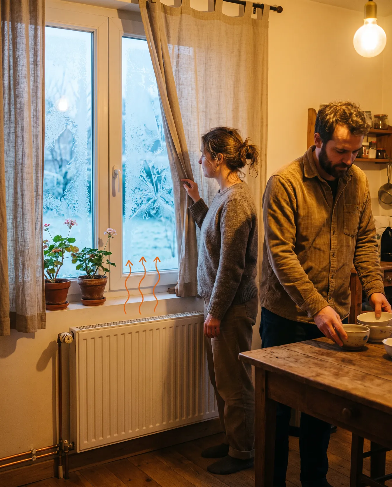 Un couple dans sa cuisine chauffée un matin de givre