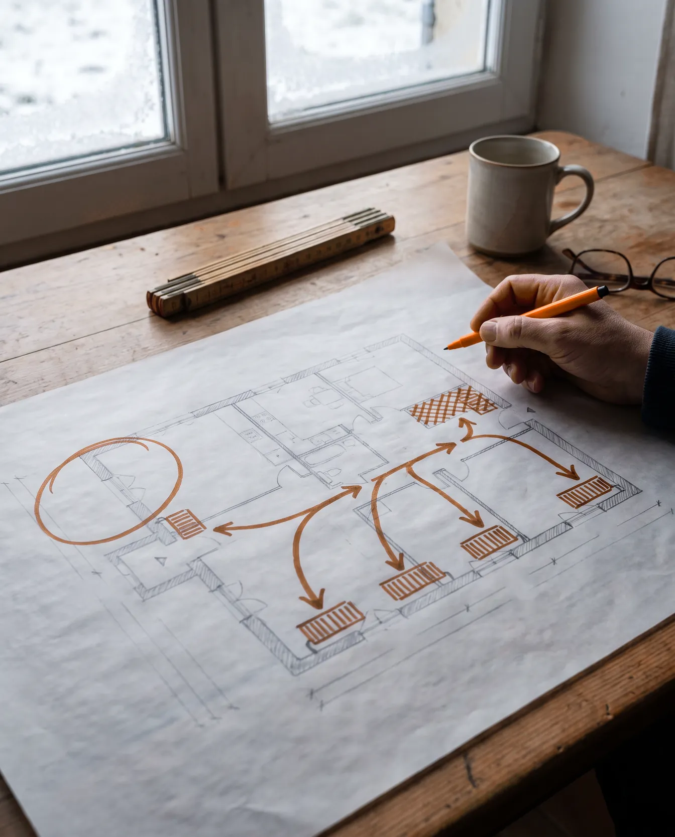 Plan de la maison annoté à l'encre orange pour placer la pompe à chaleur et le circuit de chauffage
